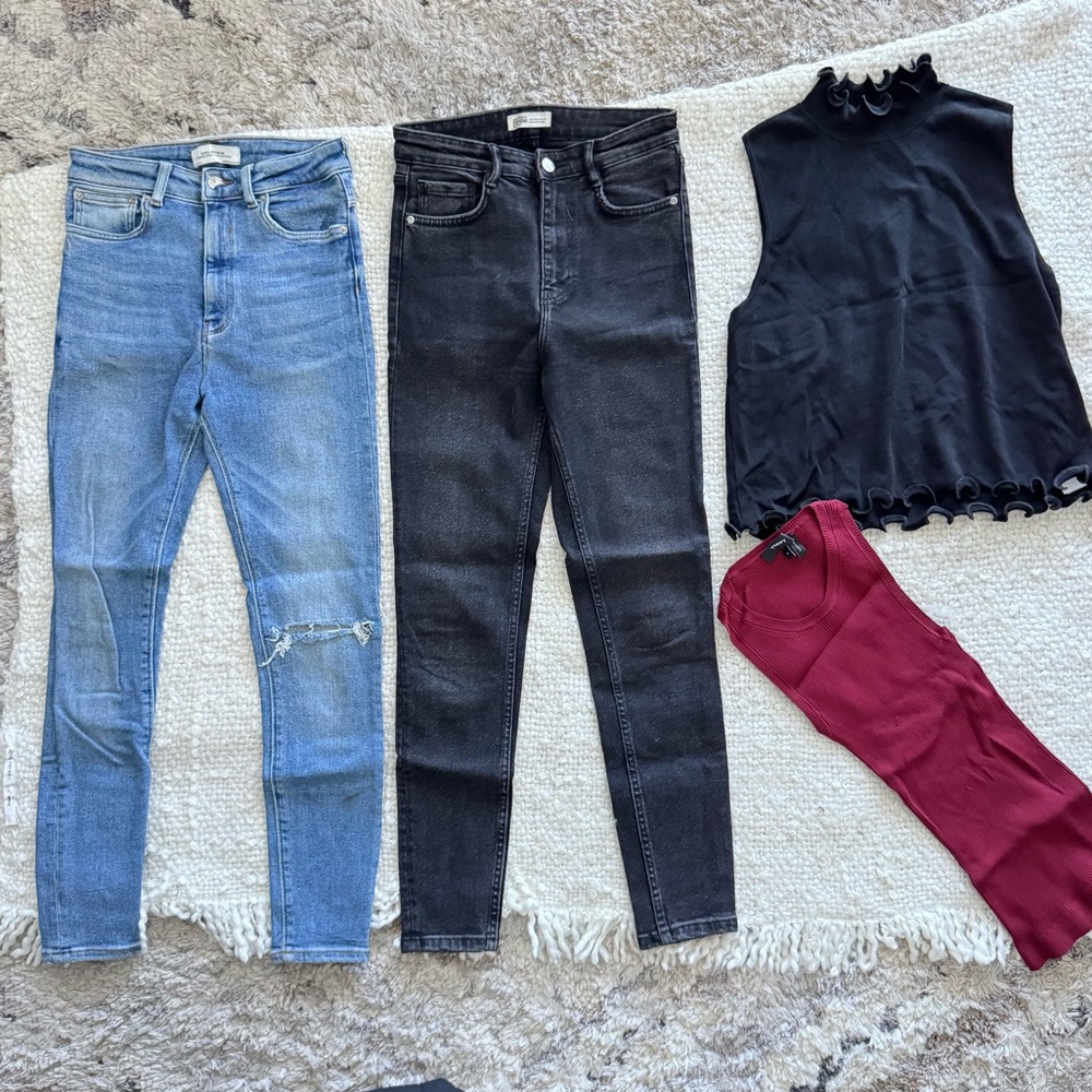 ZARA & Theory high end bundle - denim jeans and ribbed top, ruffle oversized top